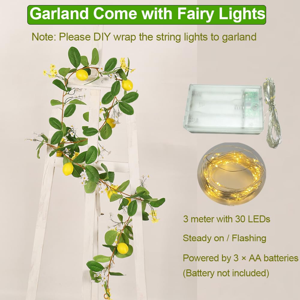 Hamifinee Artificial Lemon Garland with Fairy Lights Spring Summer Greenery Lemon Vine Plant Vivid Fruit Dense White and Yellow Flowers Hanging Wreath for Home Garden Wedding Party Christmas Décor