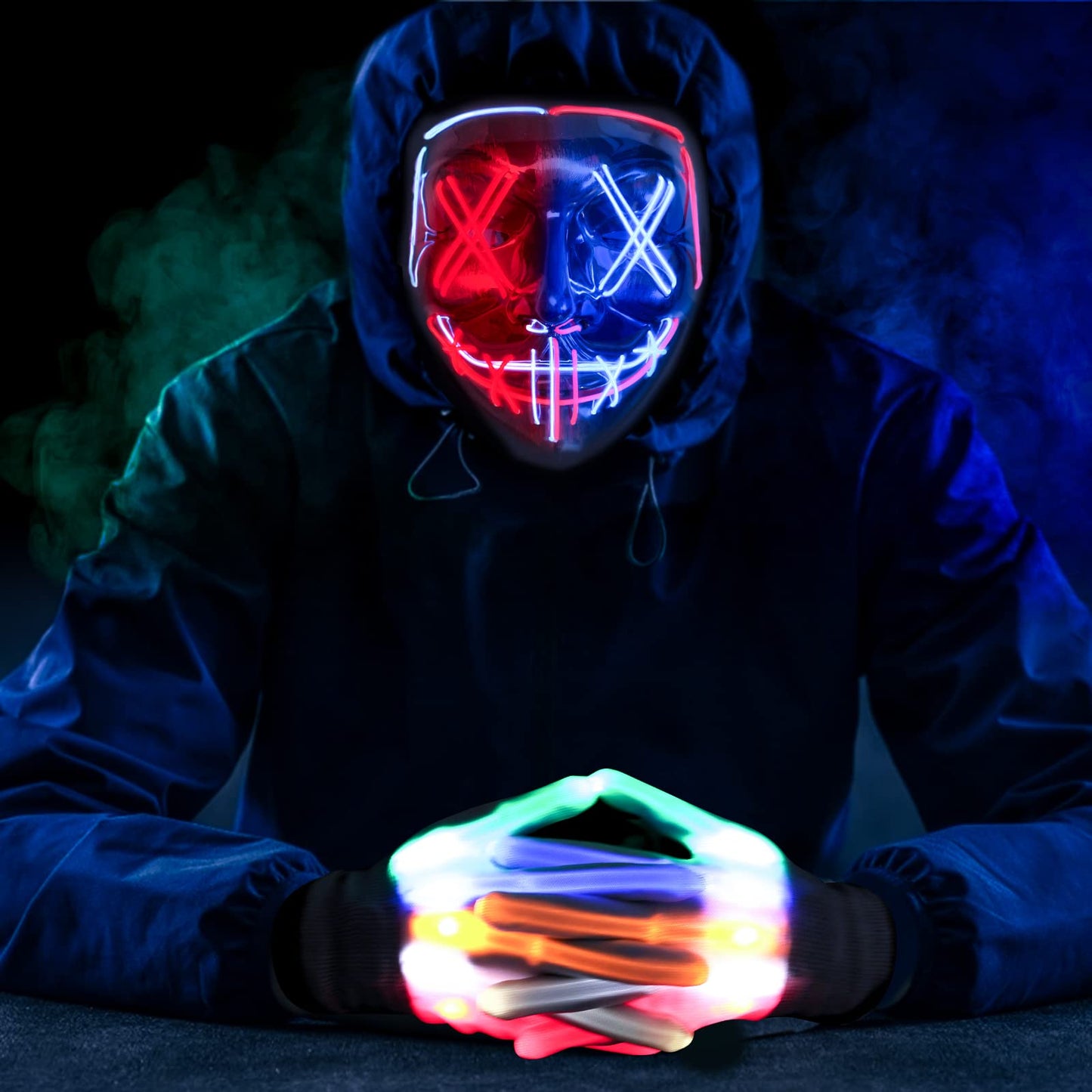 Halloween Mask Glowing Gloves for Halloween Costume Cosplay Led Light Up Scary Masks with 3 Lighting Modes Cosplay Lighted Face Masks for Halloween Parties Masquerade Party (Red & Blue)