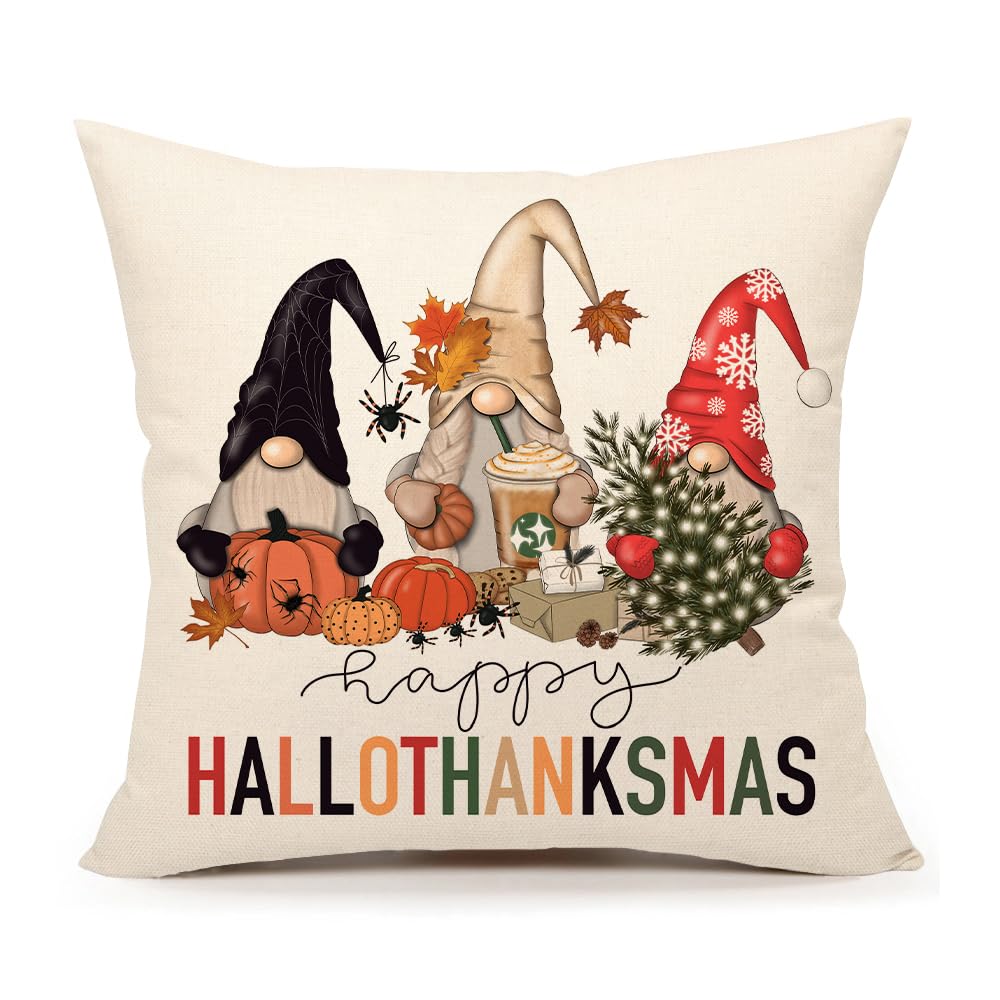 Halloween Hallothanksmas Gnome Pillow Covers 20x20, Fall Autumn Thanksgiving Christmas Throw Cushion Cases for Couch Sofa, Harvest Holiday Farmhouse Home Decor