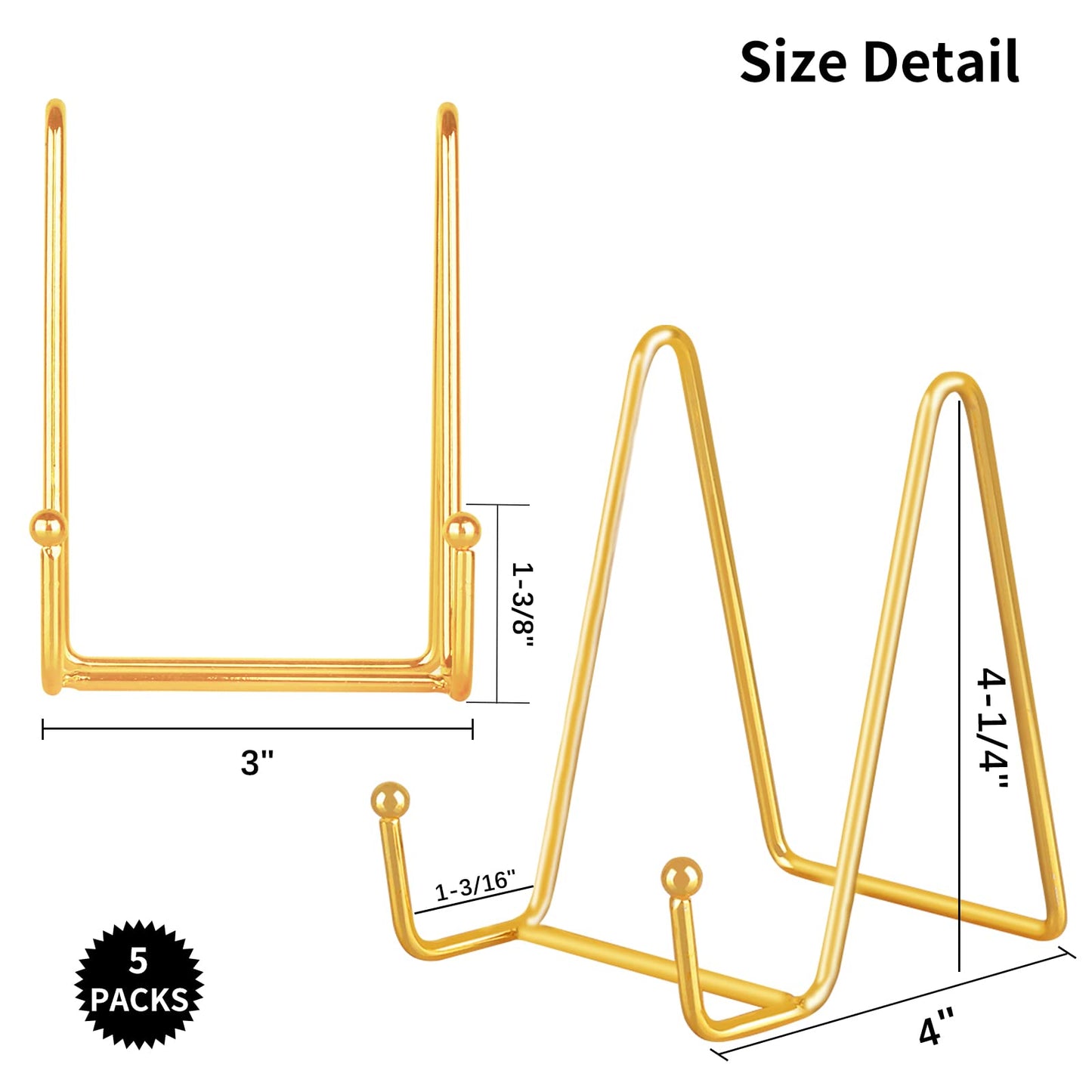 IBosins 5 Pack 4 Inch Plate Holder Display Stands, Metal Gold Frame Stand for Picture, Book, Photo Easel, Creation, Collectibles