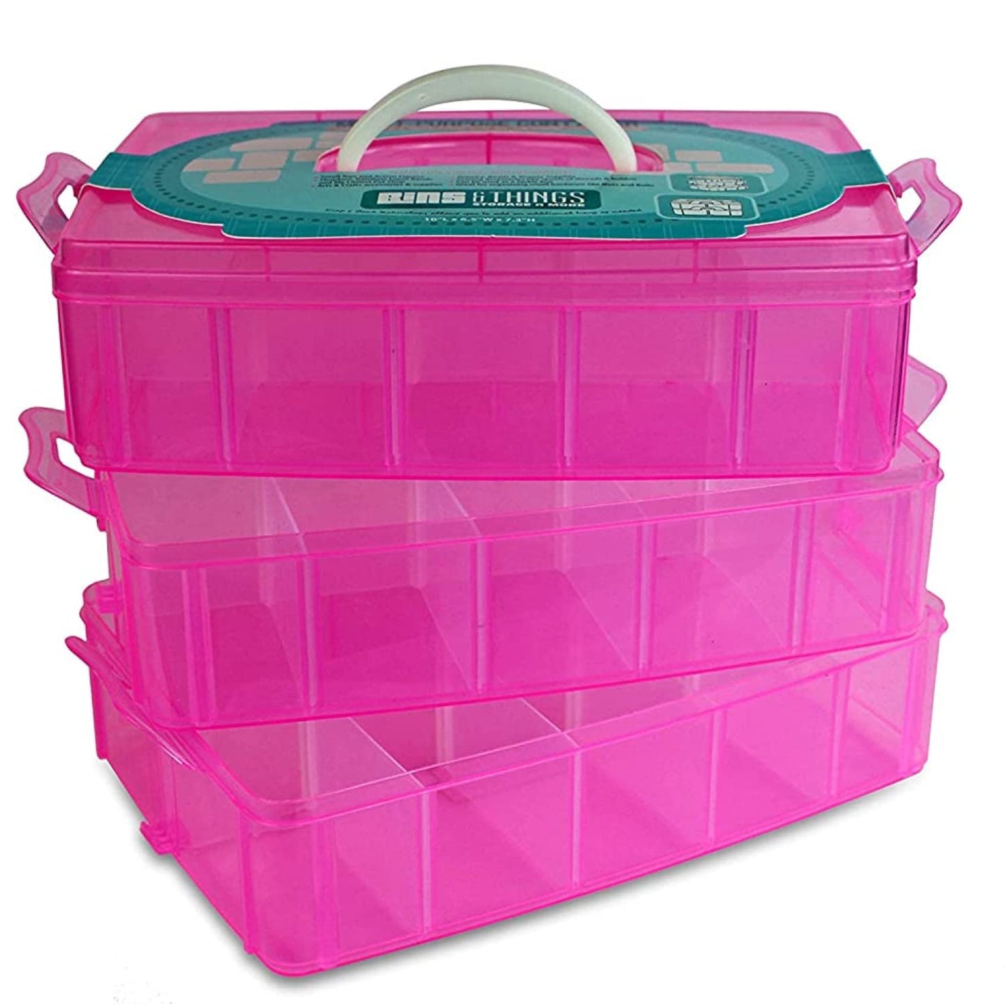 Bins & Things Pink 3-Tier Stackable Storage Container with lids - 30 Adjustable Compartments - Craft Organizers and Storage - Bead Organizer Box/Art Supply Organizer - Lego Storage Organizer, X-Large