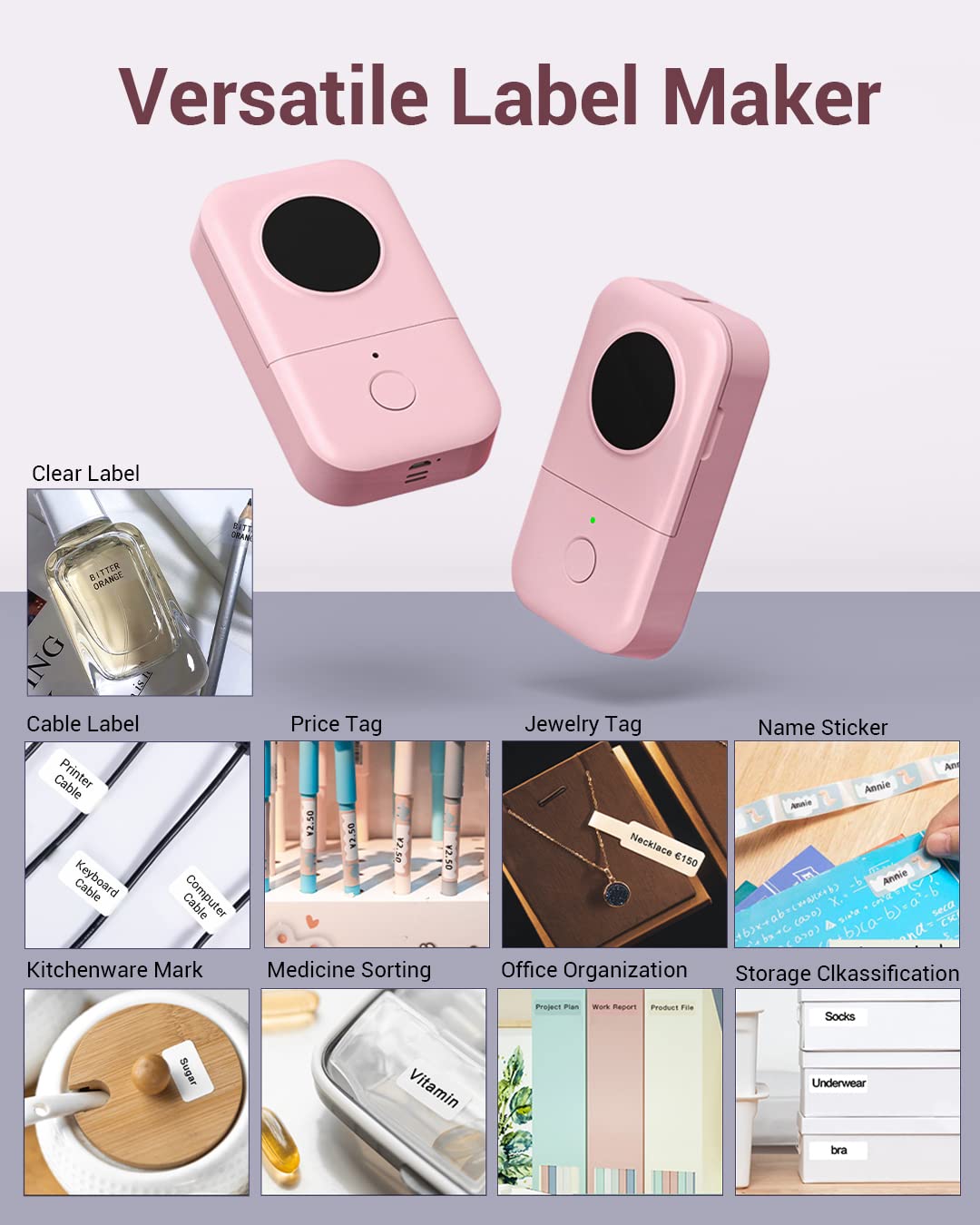 Label Maker Machine - D30 Wireless Cute Easy-to-Use Smart Labeler Maker, Multiple Templates Calligraphy and Icons Available, for Office Home Storage Organization, with Free Sample Label, Pink