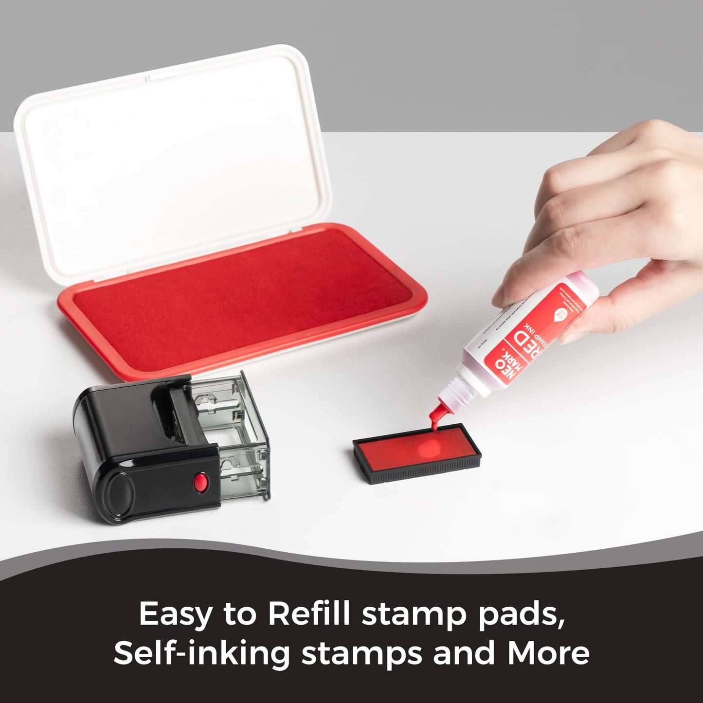 NEO MARK Premium Stamp Ink, Quick-Drying and AP-Certified Non-Toxic Refill Ink for Self-Inking Stamps, Date Stamps and Stamp Pads(Red, 1oz)