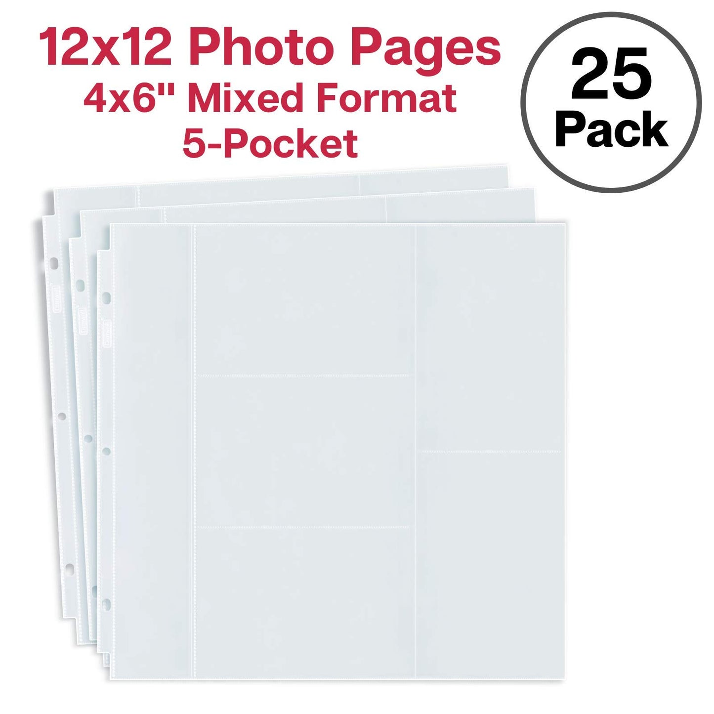 Dunwell 12x12 Photo Album Refill Pages, 25 Pack Holds 250 Photos, 4x6 Photo Sleeves for 3 Ring Binder, Mixed Layout Scrapbook Page Protectors, Acid-Free Poly