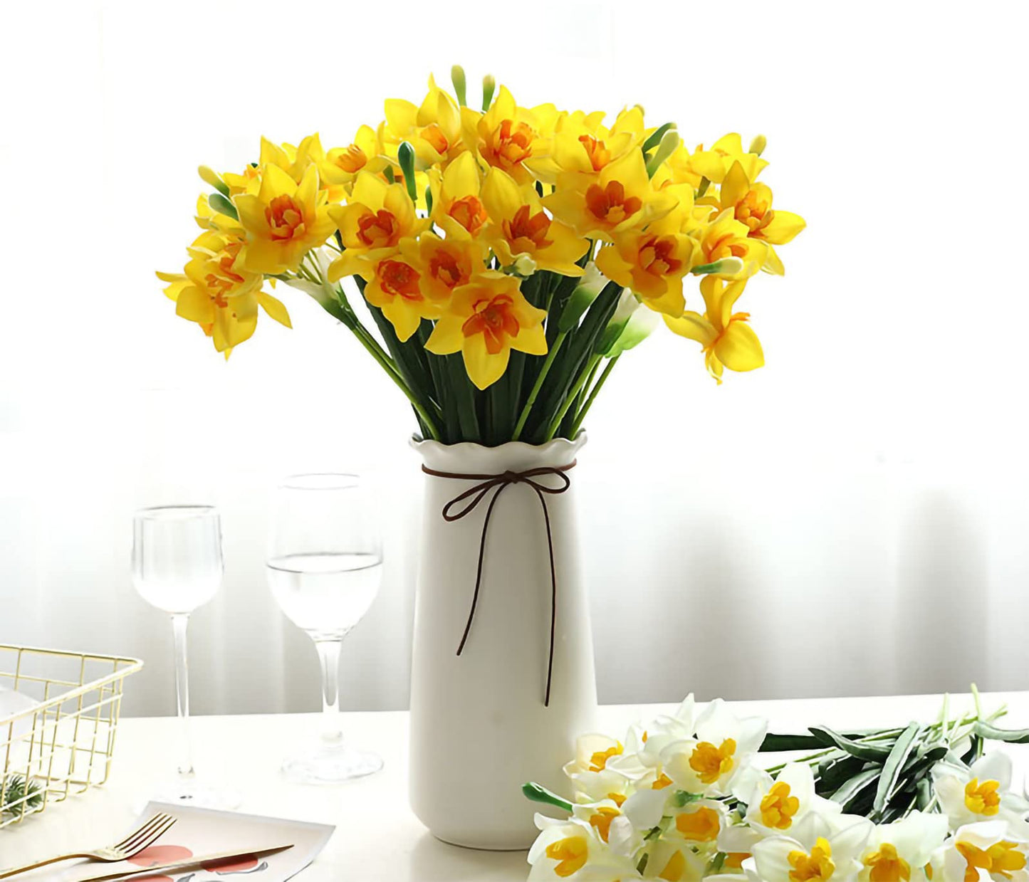 Hananona 10 Pcs Artificial Daffodils Flowers Narcissus Faux Spring Flowers Fake Silk Daffodil Flower Arrangement for Indoor Outdoor Home Wedding Decor (10, Yellow)