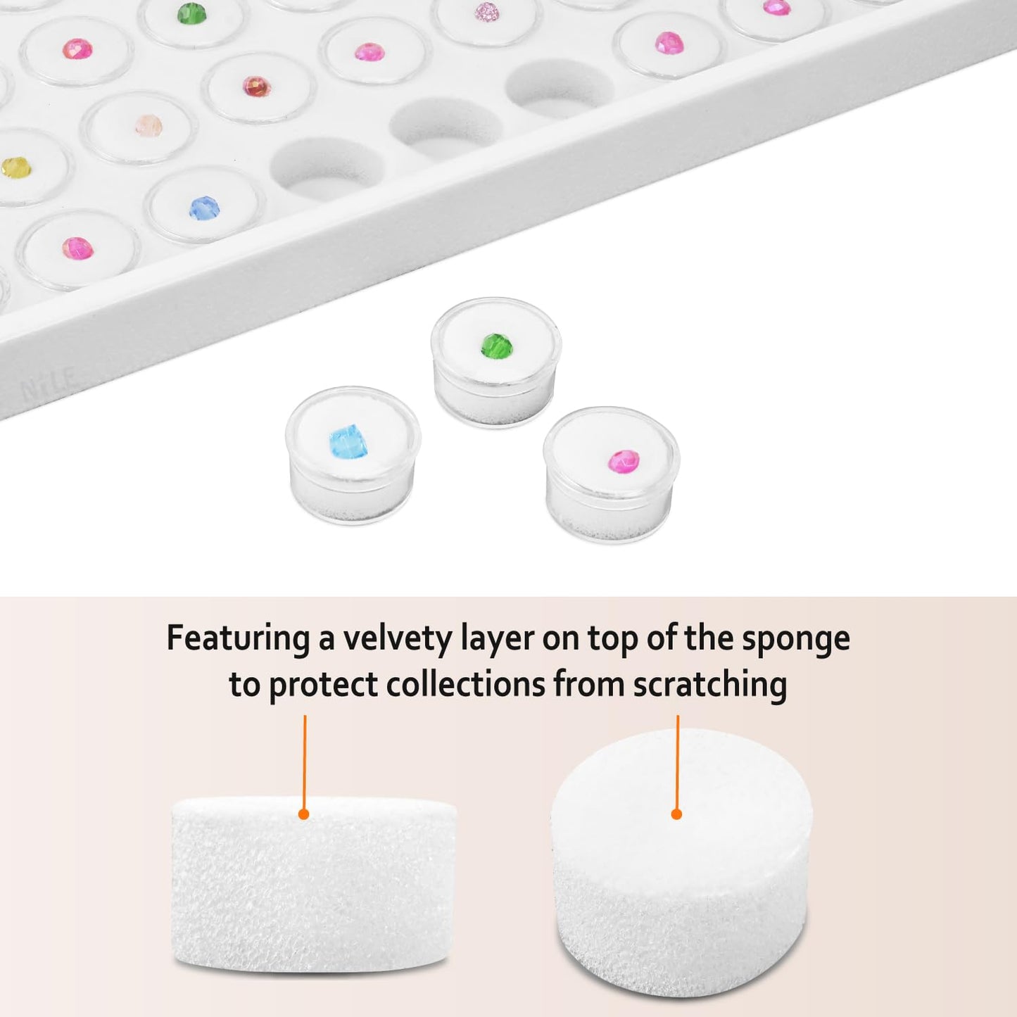 Ikee Design 50 White Foam Gem and Bead Storage Jars Showcase Stackable Display Tray Storage Box for Collectibles, Home Organization, 14.75 W x 8.25 D x 1 H in