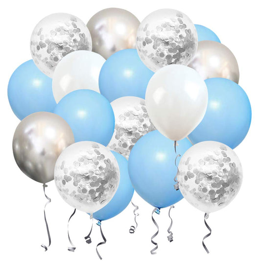 Blue White Silver Confetti Balloons, 50pcs 12 Inches Latex Party Balloons Helium Balloons for Birthday Bridal Shower Graduation Wedding Decorations