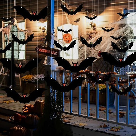 Hanging Bats Halloween Decoration Outside, 18 Pcs Hanging Bats Halloween Decor, 5 Different Sizes with Glowing Eyes Sticker, Halloween Bat Decor for Hanging in The Tree, Porch, Yard, Lawn, Indoor