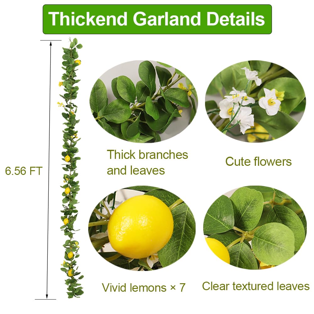 Upgraded Dense Artificial Lemon Garland with Lights Spring Summer Greenery Lemon Vine Plants Faux Fruit Cute Flowers Hanging Wreath for Wedding Home Garden Mantel Table Party Christmas Decor