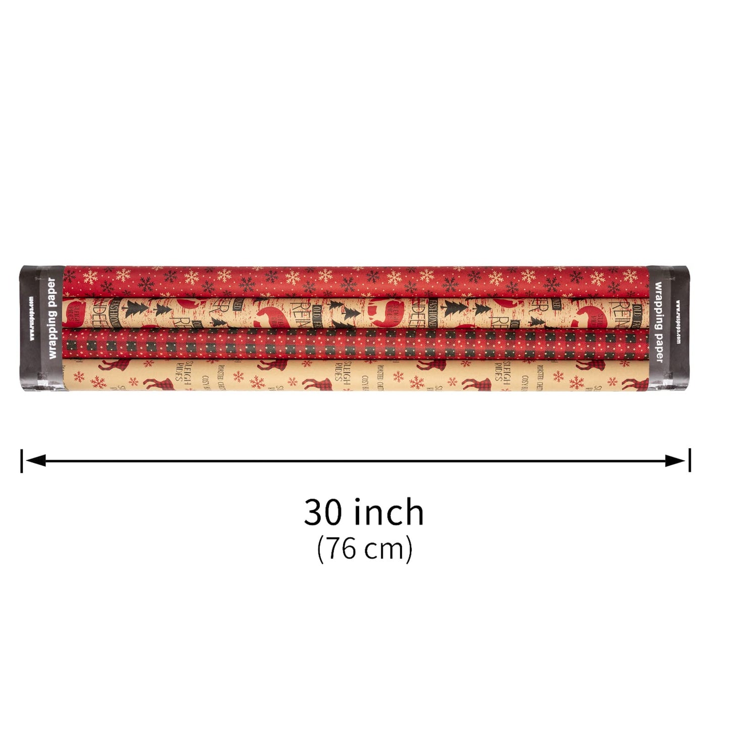 Christmas Wrapping Paper, Kraft Paper - Red and Black Christmas Designs - 4 Rolls - 30 inches x 10 feet per Roll