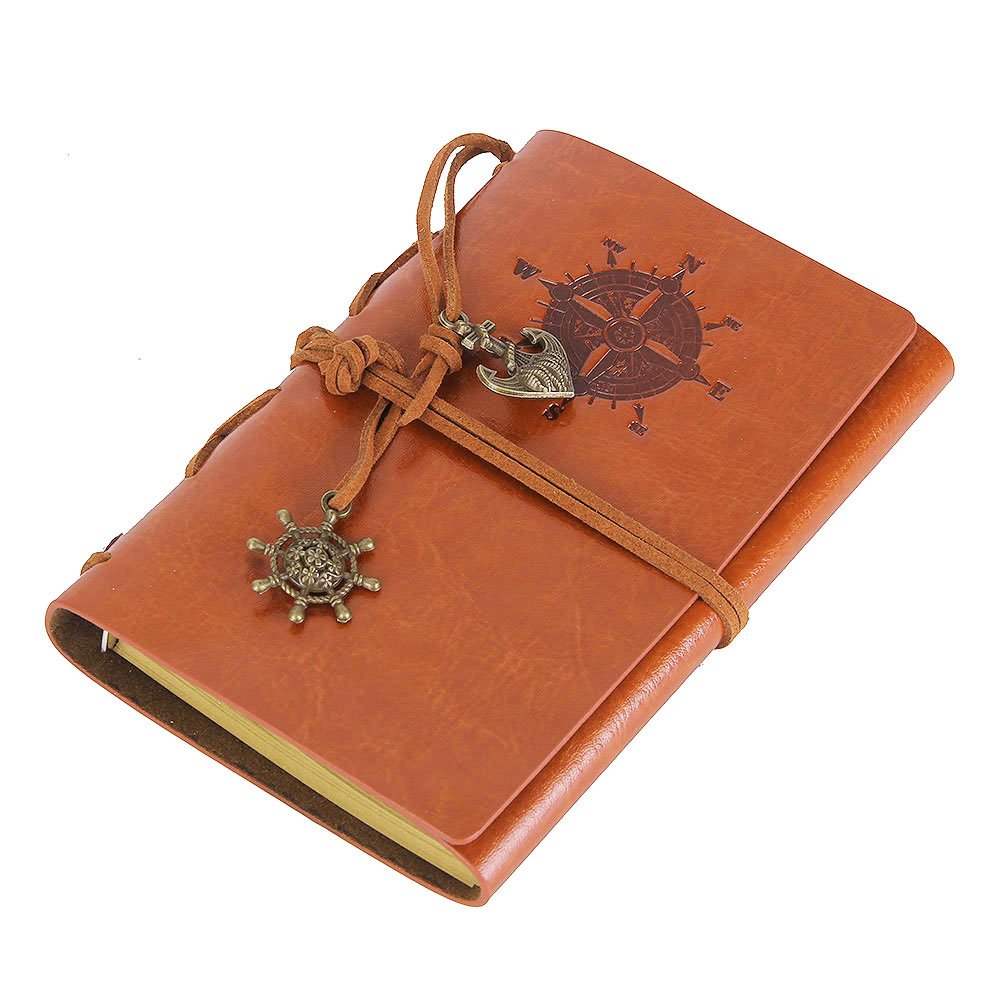 EvZ Vintage Leather Journal - 5" Refillable Coffee Brown Writing Notebook with Nautical Anchor & Rudder Pendants - Small Spiral Blank Sketchbook for Travel, Poetry & Diary - Classic Embossed Art Journal