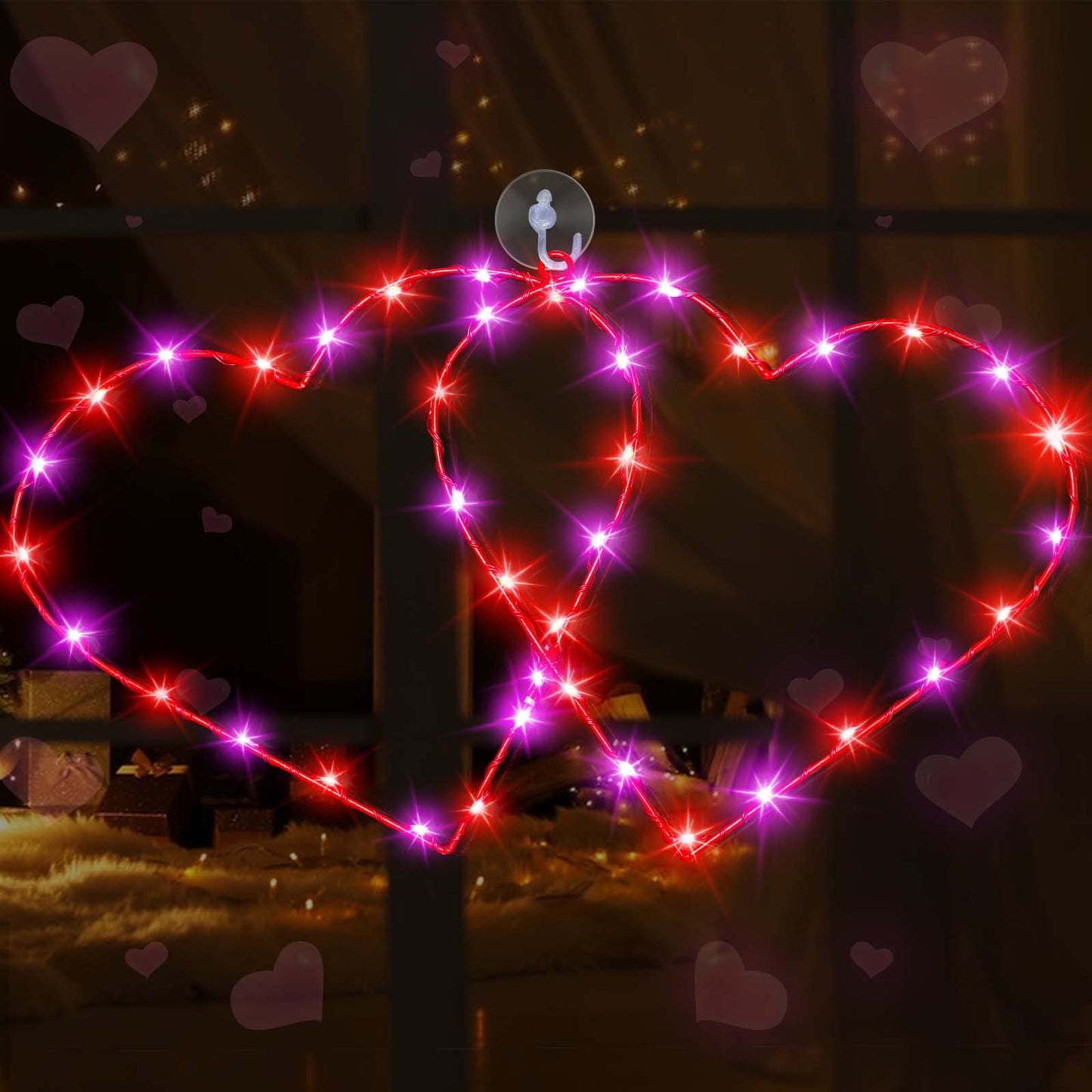 Valentines Decor Double Heart Window Lights, 17" Red Pink Valentines Decorations Backdrop Silhouette Heart Lights with Remote, Valentines Wall Window Decoration for Home Bedroom