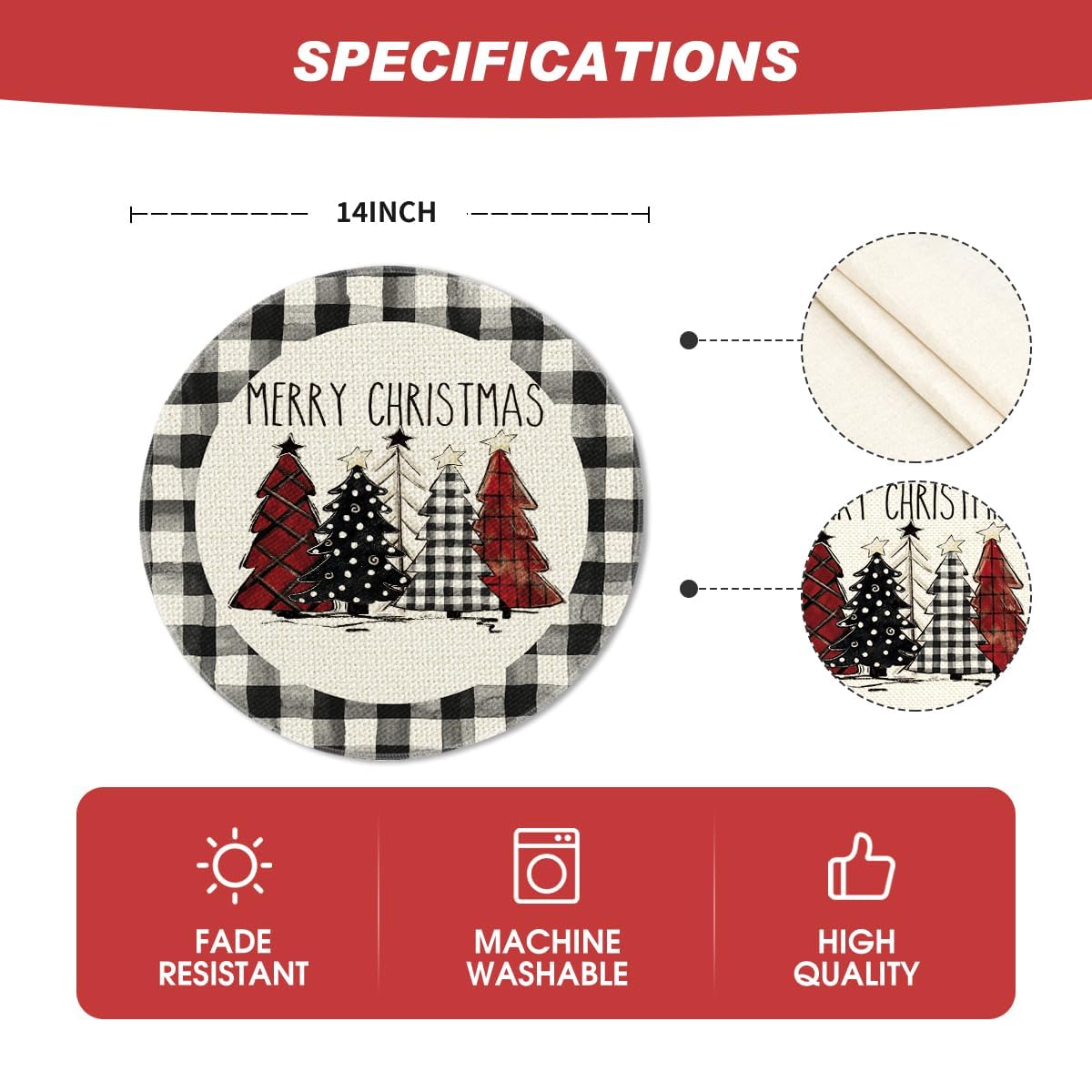 Artoid Mode Waterclor Buffalo Plaid Christmas Trees Merry Xmas Round Placemats Set of 6, 14 Inch Seasonal Winter Round Table Mats for Dining Decoration