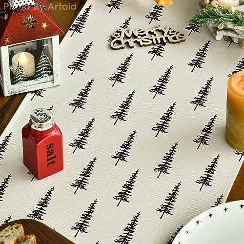 Mode Beige Xmas Tree Christmas Table Runner, Seasonal Winter Kitchen Dining Table Decoration for Home Party Decor 13x72 Inch