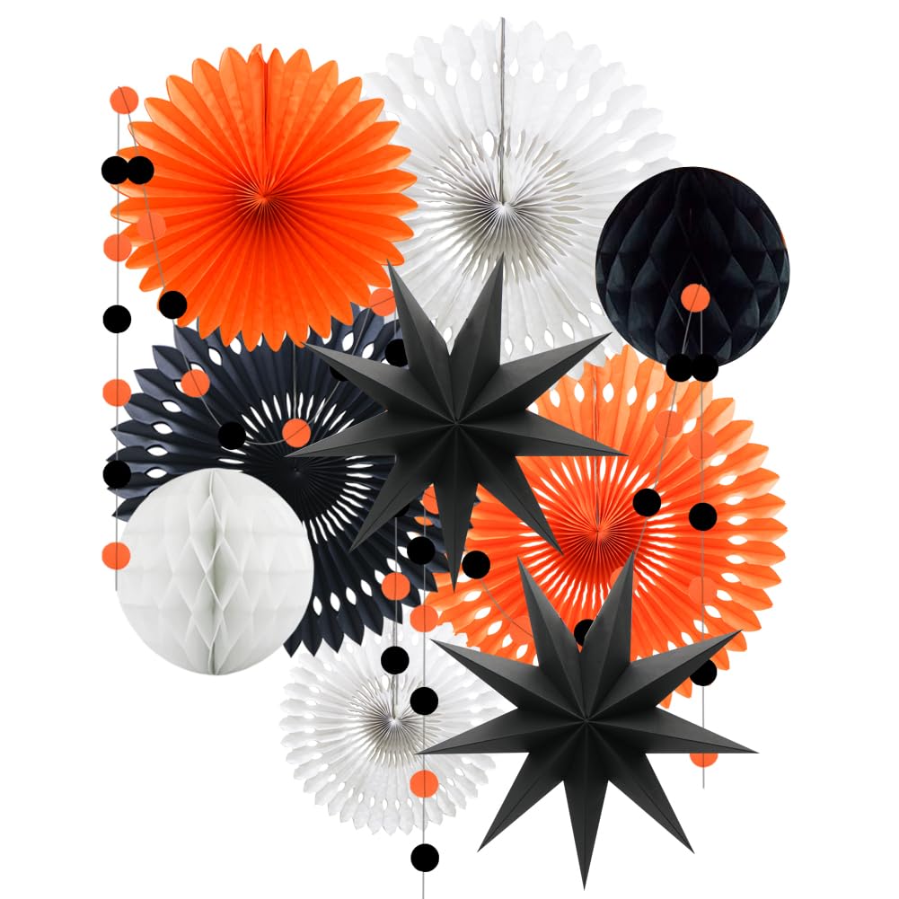 Orange White Black Halloween Decorations, Hanging Tissue Paper Fans Circle Garland Paper Lanterns for Graduation Wedding Anniversary Birthday Backdrop Decor