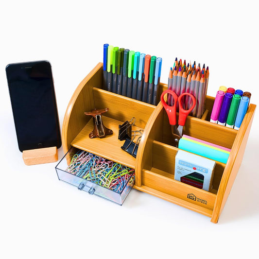 Desktop Organizer with Double-Slot Cell Phone Holder, Wooden Multifunctional Desk Storage Box with Drawer for Work from Home Office Supplies, Students, Desk Accessories, Phone Stand, Charging Station