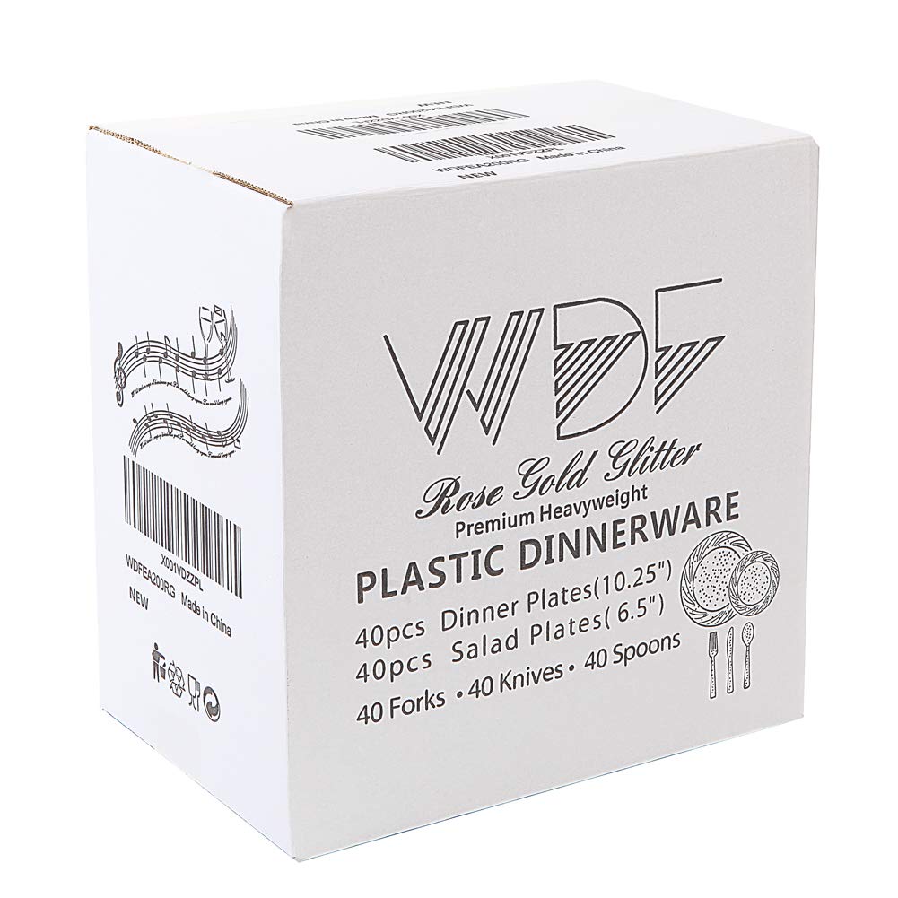 WDF Rose Gold Pink Plastic Plates with Pink Plastic Silverware include 40 Dinner & Salad Plates, 40Forks, 40 Knives, 40 Spoons for Wedding/Party/Valentine's Day