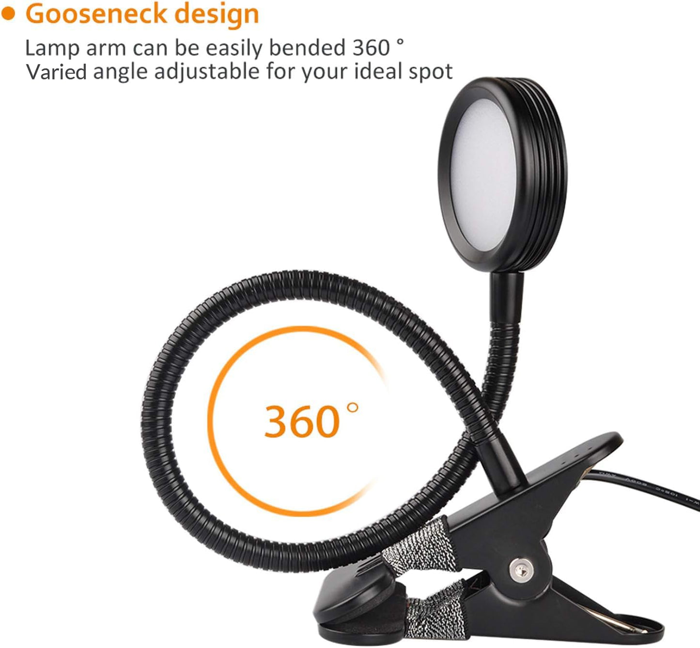 LEPOWER Clip on Light/Reading Lights/Book Lights/Desk Lamp Color Changeable/Night Light Clip on for Desk, Bed Headboard and Computers, Adapter Included (Black)