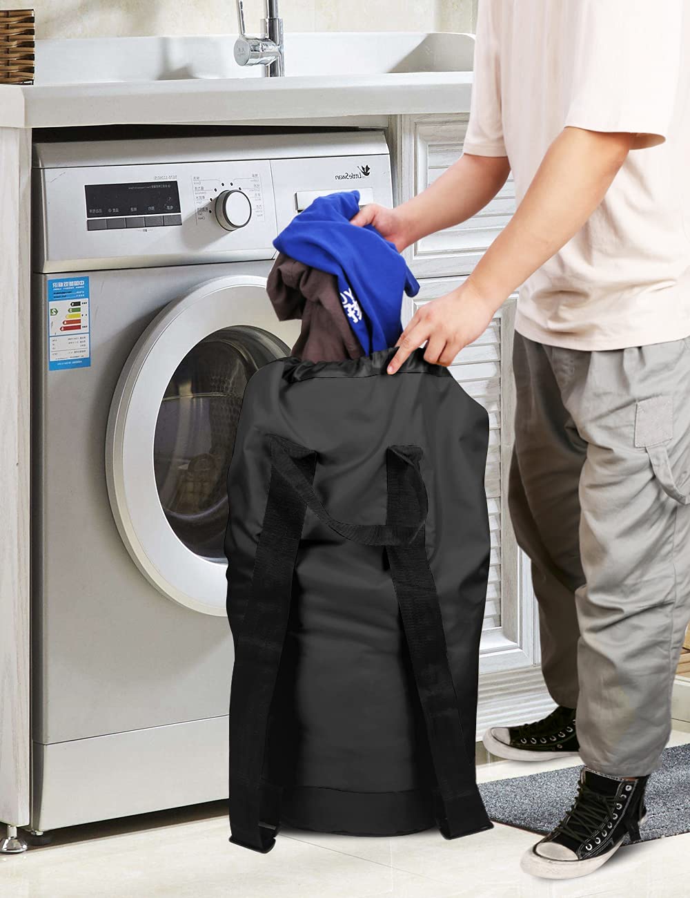 Backpack Laundry Bag, Laundry Backpack with Shoulder Straps and Mesh Pocket Durable Nylon Clothes Hamper Bag with Drawstring Closure for College, Travel, Laundromat, Apartment