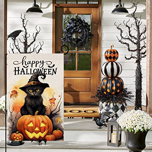 BLKWHT Halloween Cat Garden Flag 12x18 Vertical Double Sided Happy Halloween Pumpkin Holiday Outside Decorations Burlap Yard Flag BW479