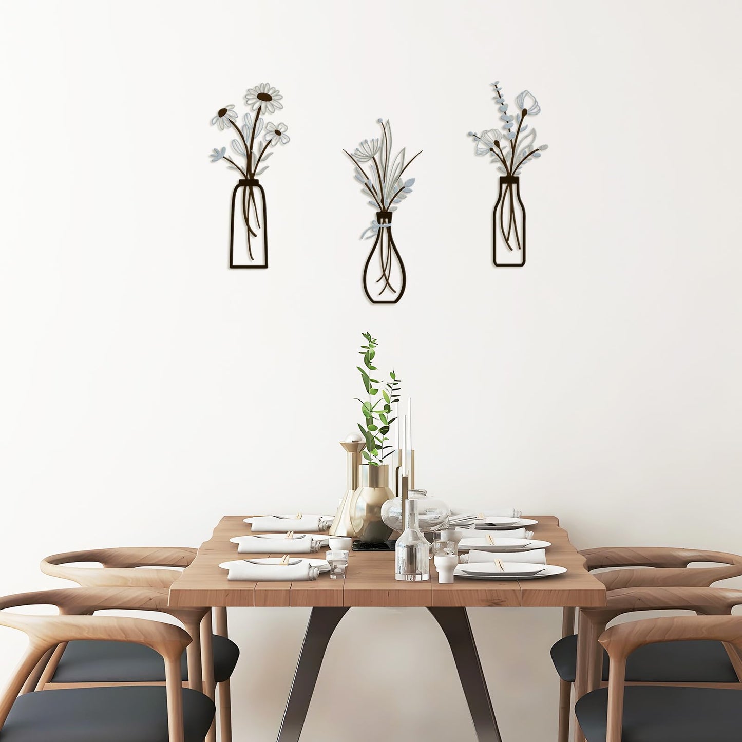3 Pieces Metal Vase Flowers Wall Arts - Rustic Farmhouse Style Décor Metal Wall Art Black Minimalist Flower Natural Themed Wall Decors for Home Bedroom Dining Room Housewarming (Brown-Blue, Vase-C)