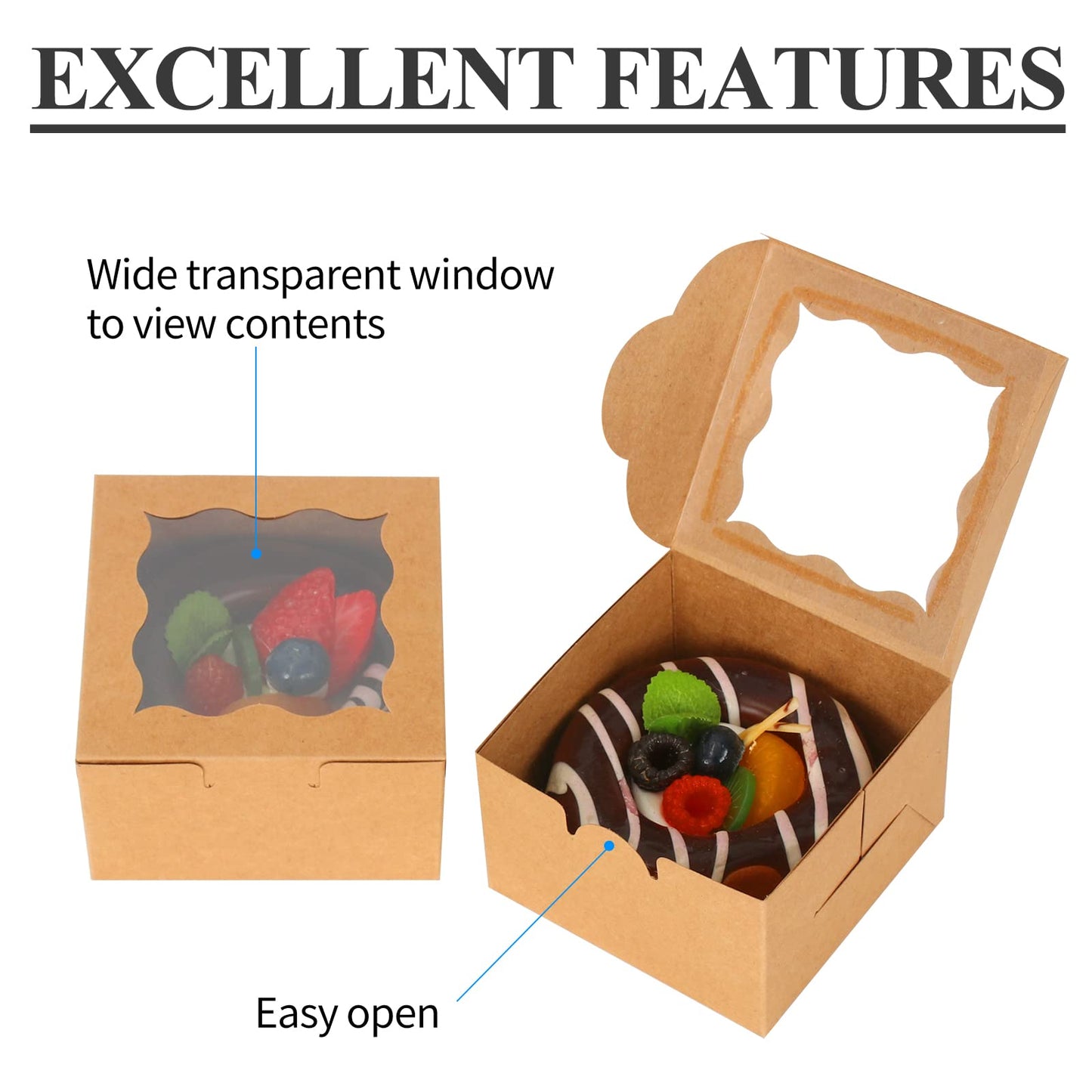 KPOSIYA 60 Pcs Brown Bakery Boxes with Window Individual Cupcake Boxes 4x4x2.5 Inches Cookie Boxes Kraft Paper Brown Gift Box for Pastries, Cookies, Pie, Donuts, Macaroon (60, Brown)