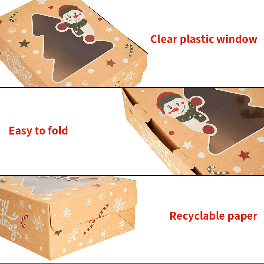 CCINEE Christmas Cookie Boxes,Kraft Treat Box with Window Ribbons for Bakery Candy Gift Giving Supplies,Pack of 12