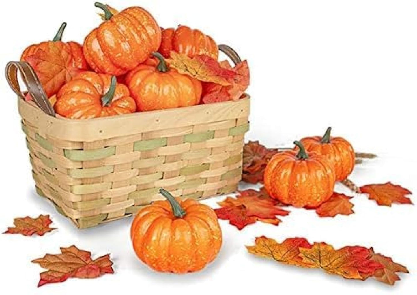 DomeStar 42 PCS Artificial Pumpkins Sets, 12PCS Mini Fake Pumpkins with 30PCS Lifelike Maple Leaves Faux Pumpkins for Decorating Fall Harvest Garland Halloween DIY for Crafts Thanksgiving Decorations