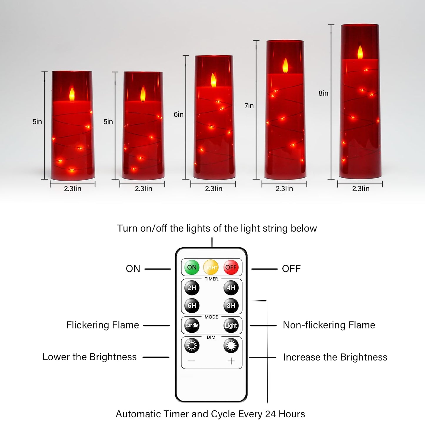 Flameless LED Candles with Timer 5 Pc Flickering Flameless Candles for Romantic Ambiance and Home Decoration Stable Acrylic Shell,with Embedded Star String，Battery Operated Candles（Red）