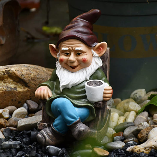 Gnome Statue for Garden, Drinking Gnome Figurine Ornament for Outdoor Patio Yard Lawn Decor 7" - Coffee