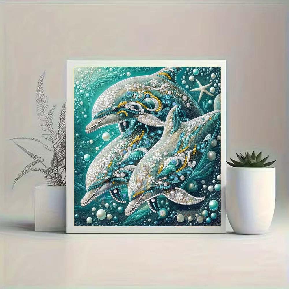 Dolphin Animal Diamond Art Kits for Adults Beginner,5D Diamond Painting Kits for Dolphin Family,DIY Special Shape Gem Painting Crystal Rhinestones Crafts Art Kits,Home Wall Decor 11.8 X 11.8Inch