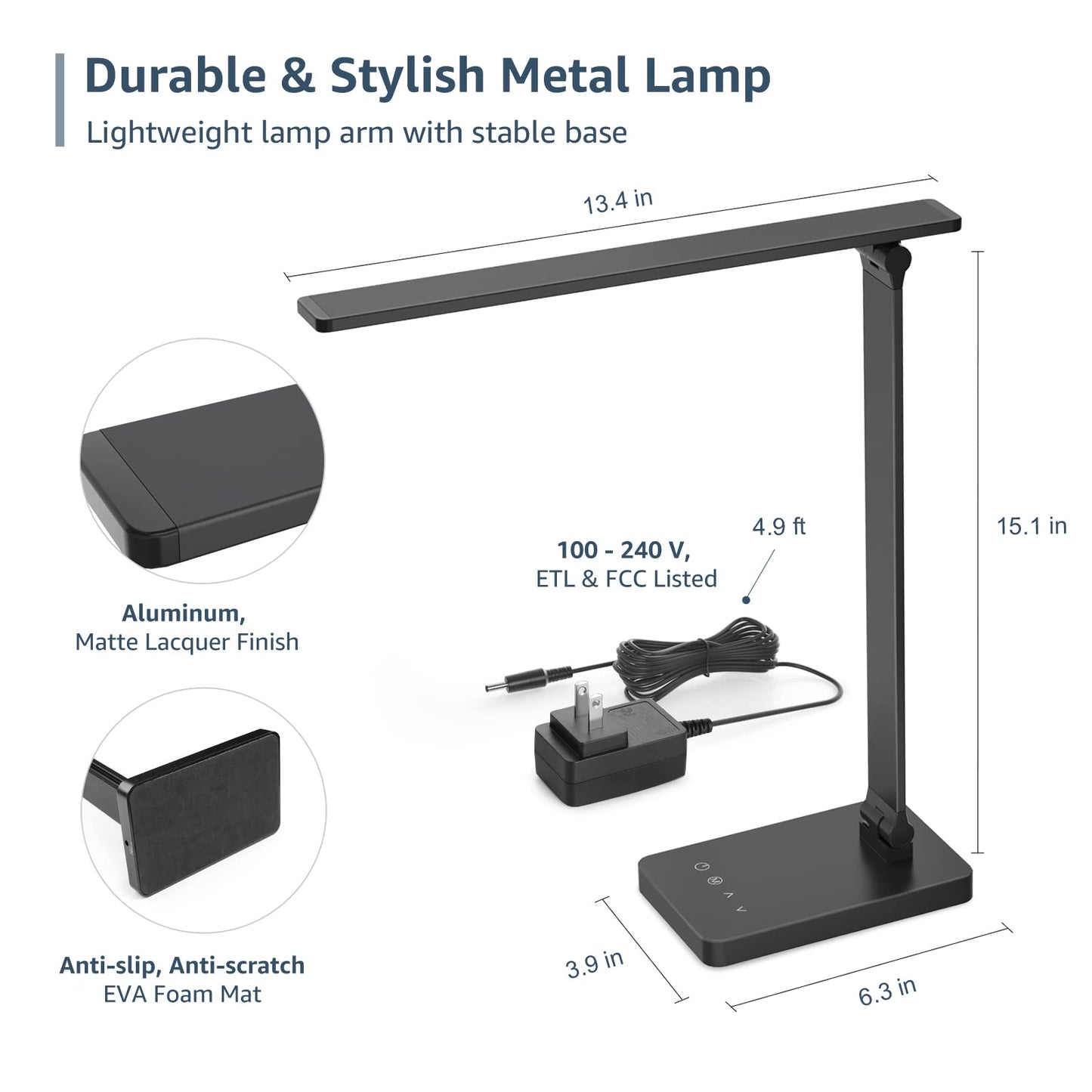 Lepro LED Desk Lamp with USB Charging Port,650LM Dimmable Home Office Touch Control Reading Table Lamp,5 Color Modes with 5 Brightness,College Dorm Room Essentials, Eye Caring, Sewing, Crafting, Black