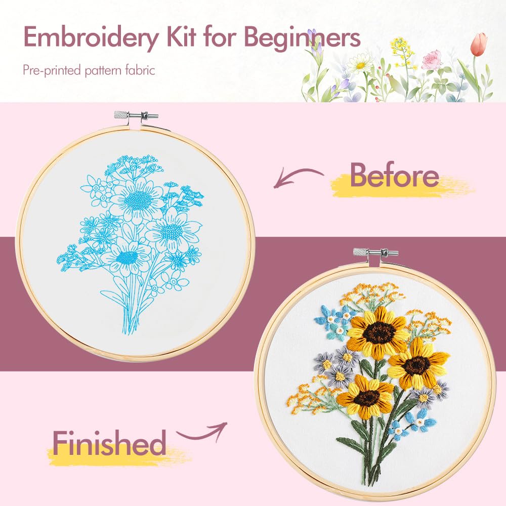 5 Pack embroidery kit for beginners Adults DIY Starter Kit,Sunflower Gifts for Women Cross Stitch Kits with Flower Stamped Patterns, Embroidery Hoop, Tools,Colorful Threads,Hand Craft Lover Gift