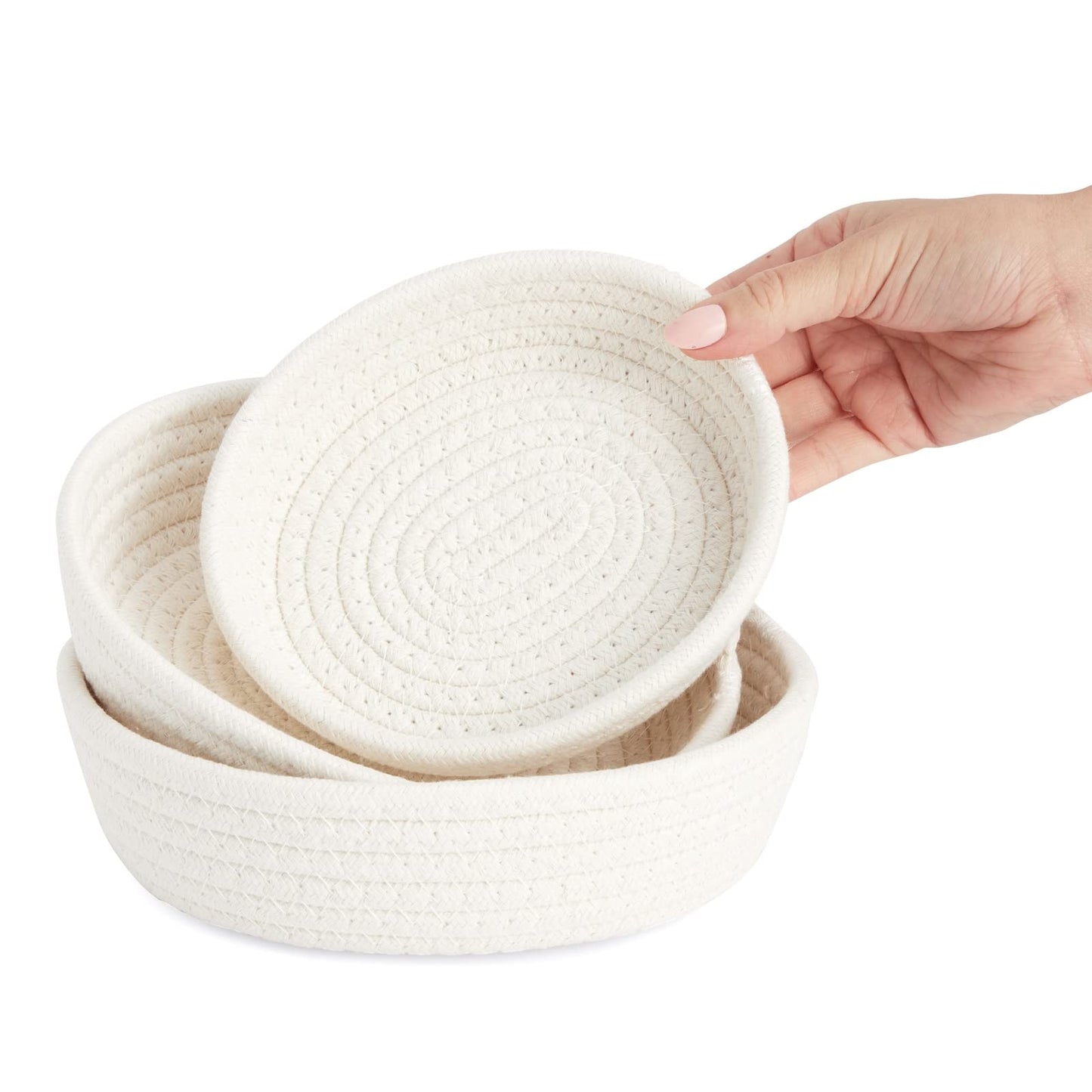 Juvale 3-Pack Small Round Cotton Rope Woven Storage Baskets - Nesting Bins for Organizing Home and Montessori Toys (White, 3 Sizes)