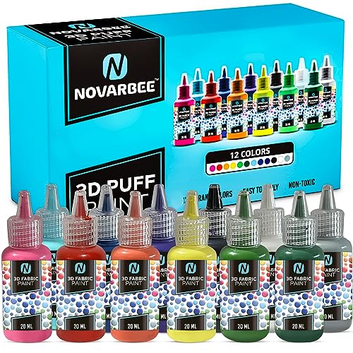 Novarbee- Fabric Paint, 12 Colors Puffy Paint, 0.67 Oz, Fabric Paint For Clothes, 3d Puffy Pens, Puffy Paint For Crafts, Canvas, Glass, Clothing, Wood.
