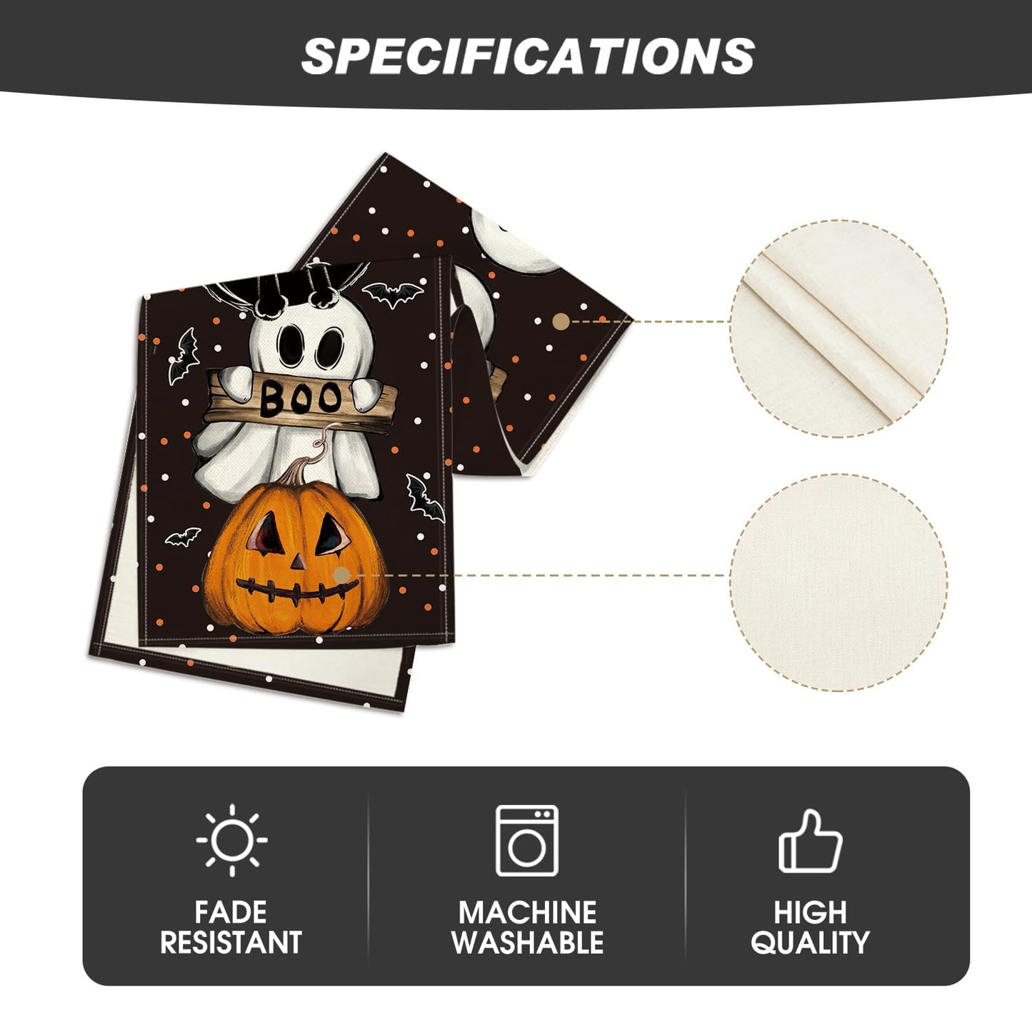 Polka Dot Ghost Pumpkin Cat Boo 2PCS Halloween Table Runner, Bat Seasonal Fall Kitchen Dining Table Decoration Home Party Decor 13x72 Inch