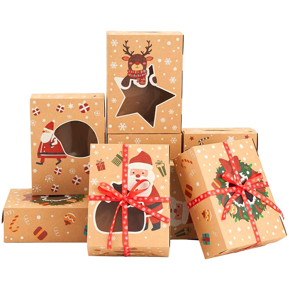 CCINEE Christmas Cookie Boxes,Kraft Treat Box with Window Ribbons for Bakery Candy Gift Giving Supplies,Pack of 12