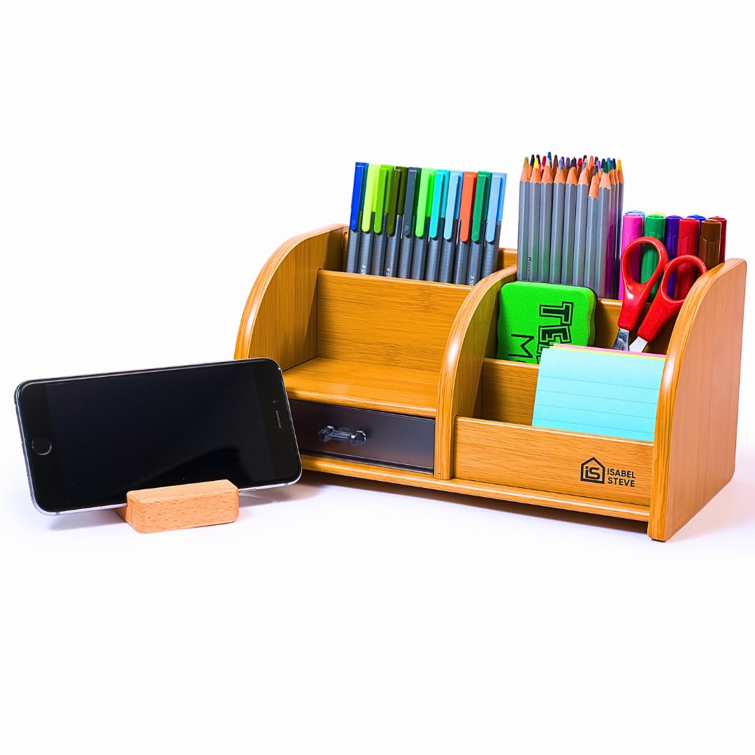 Desktop Organizer with Double-Slot Cell Phone Holder, Wooden Multifunctional Desk Storage Box with Drawer for Work from Home Office Supplies, Students, Desk Accessories, Phone Stand, Charging Station