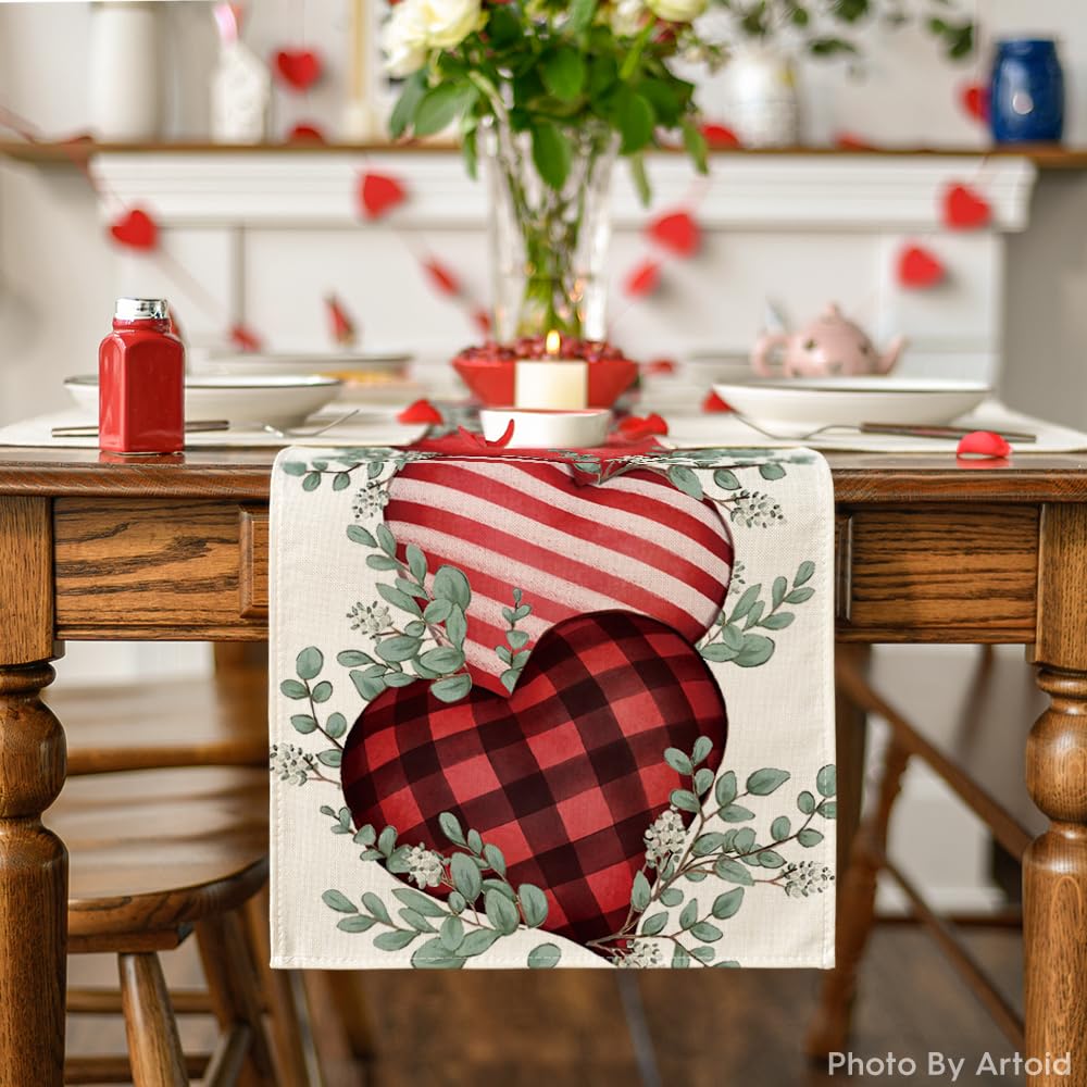 Artoid Mode Eucalyptus Hearts Valentine's Day Table Runner, Holiday Kitchen Dining Table Decoration for Home Party Indoor 13x72 Inch