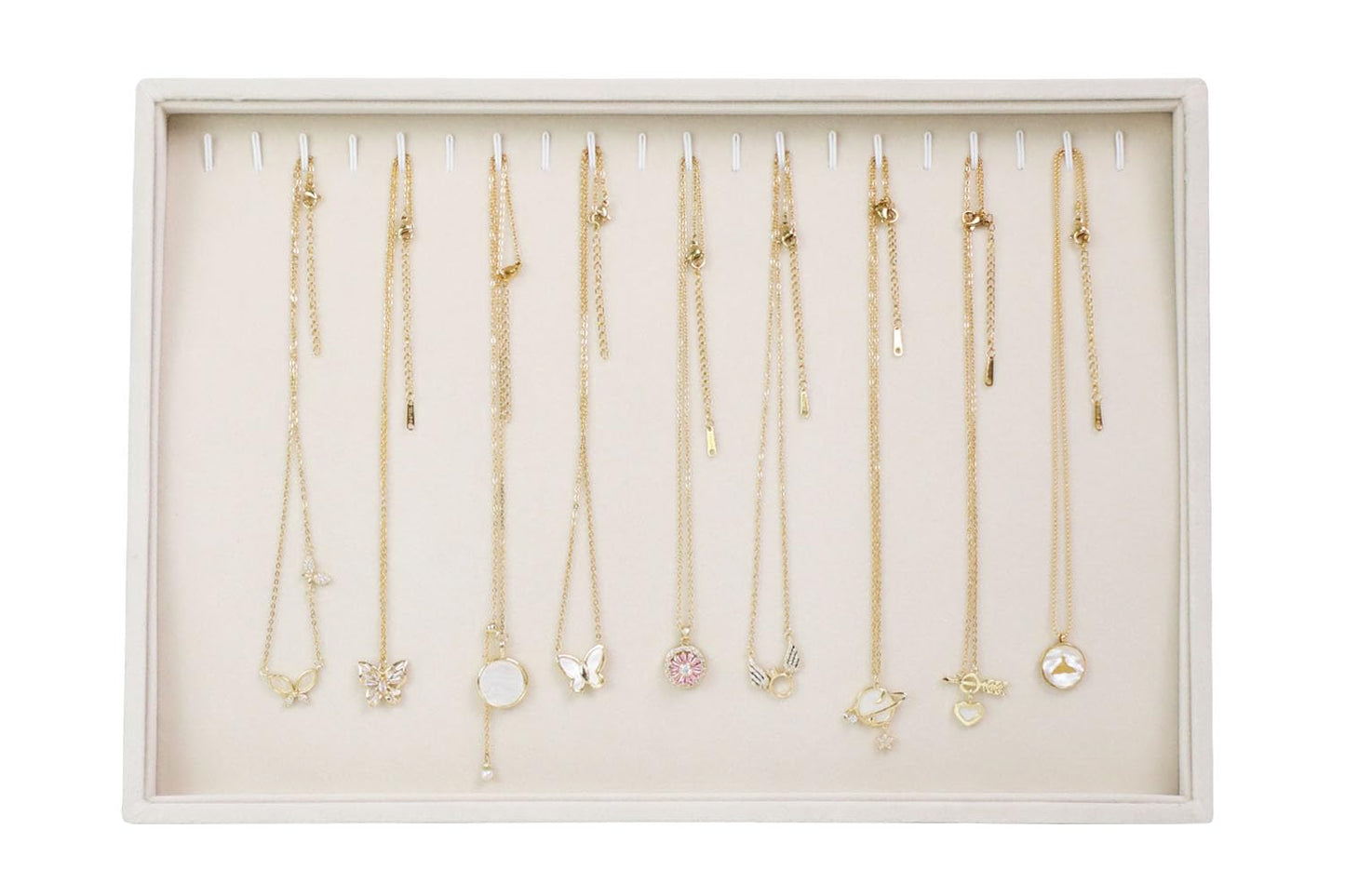 Stratalife Necklace Organizer Stackable Jewelry Organizer 20 Hooks Large Jewelry Tray Velvet Necklaces Holder Bracelet Storage for Women Girls Beige