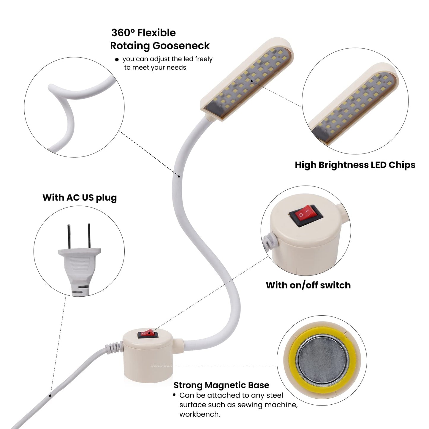 Bonlux Sewing Machine Light, 30 LEDs Flexible Gooseneck Work Light with Magnetic Mounting Base, 6W Portable Work Lamp for Workbench Lathe Drill Presses (2-Pack)