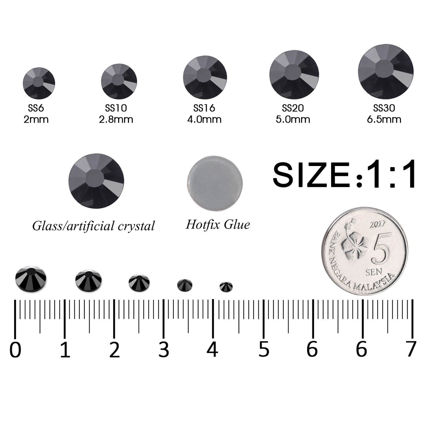 MEIBITE 6796PCS Black Hotfix Rhinestones Crystal Stones Glass for Fabric Clothes Shirts Sparkly Flat Back Round with Tweezers and Picking Pen (SS6~SS30 Set)