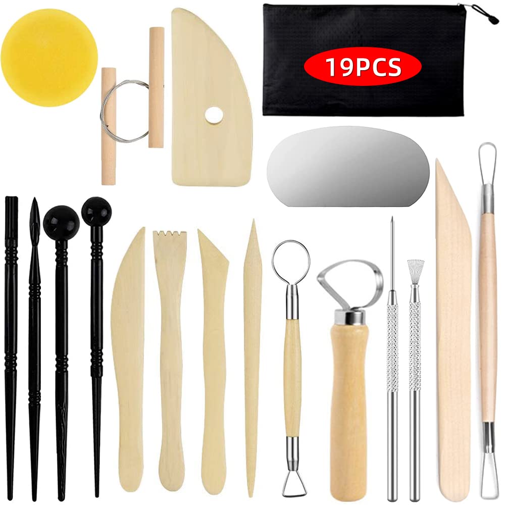 Pottery Clay Sculpting Tools for Polymer, Yagugu 19Pcs Basic Wood Ceramics Carving tool Supplies kit Accessories for Kids, Adults and Artists Modeling Shaping Building for art&craft