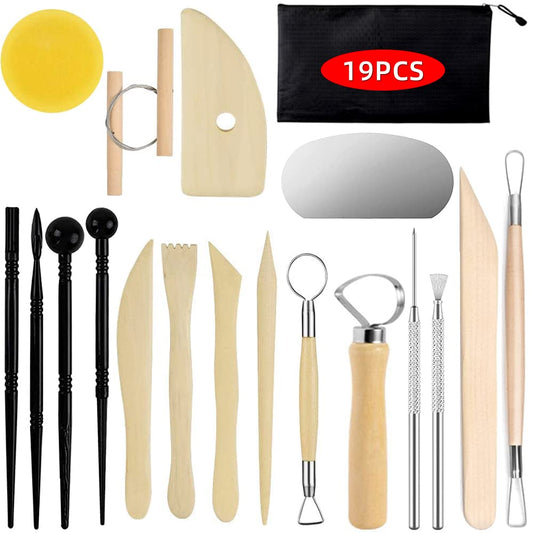 Pottery Clay Sculpting Tools for Polymer, Yagugu 19Pcs Basic Wood Ceramics Carving tool Supplies kit Accessories for Kids, Adults and Artists Modeling Shaping Building for art&craft