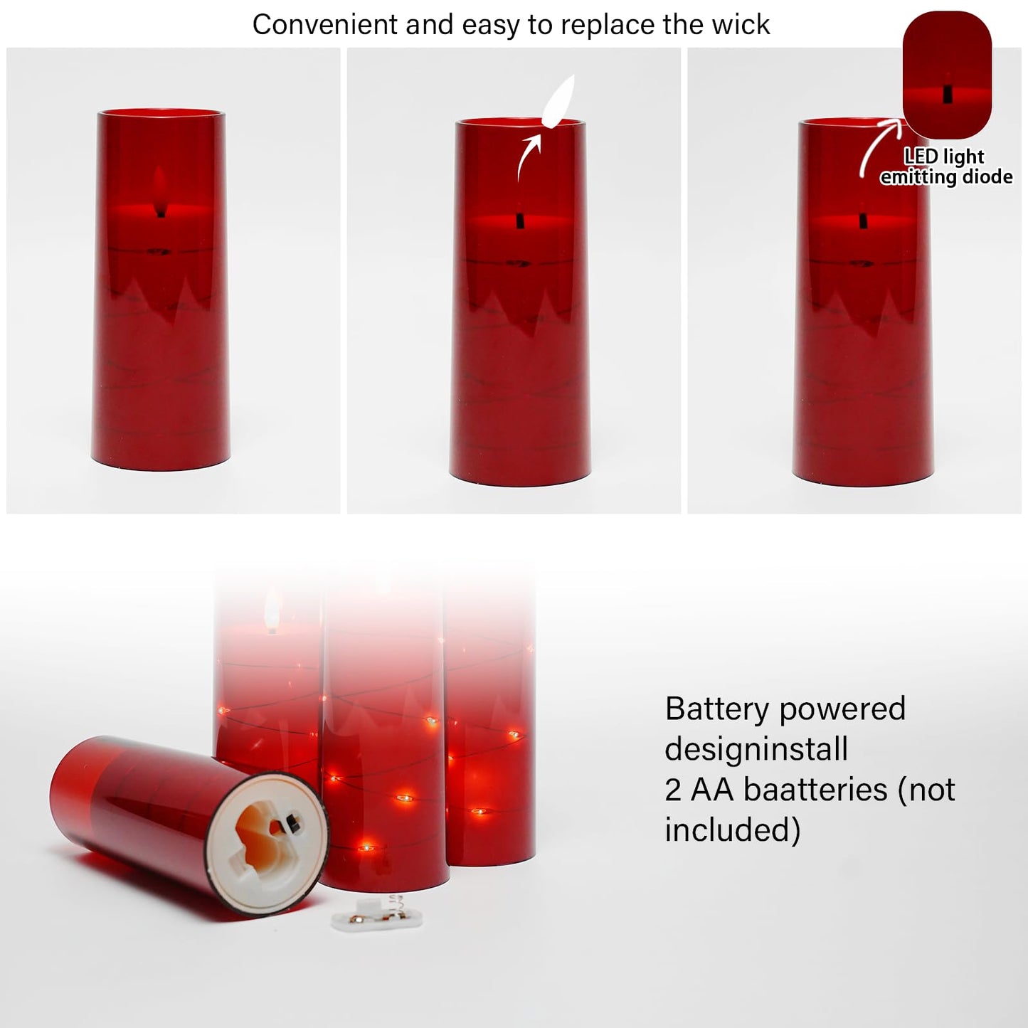 Flameless LED Candles with Timer 5 Pc Flickering Flameless Candles for Romantic Ambiance and Home Decoration Stable Acrylic Shell,with Embedded Star String，Battery Operated Candles（Red）