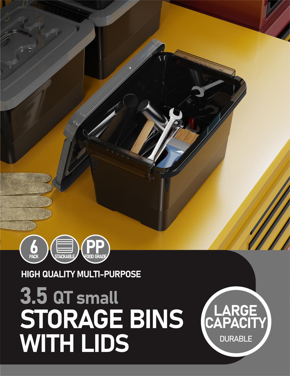 WYT Plastic Storage Bins with Lids and Latch, 6-Pack Small Stackable Plastic Organizing Box with Buckle and Handle, 3.5 Quart Durable Nestable Totes Containers (Black/Grey)