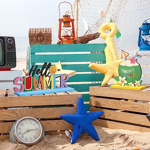 7 Pieces Hello Summer Table Decoration Sign Wooden Centerpieces Beach Gnome Wooden Decor for Farmhouse Summer Beach Home Table Tiered Tray Decor