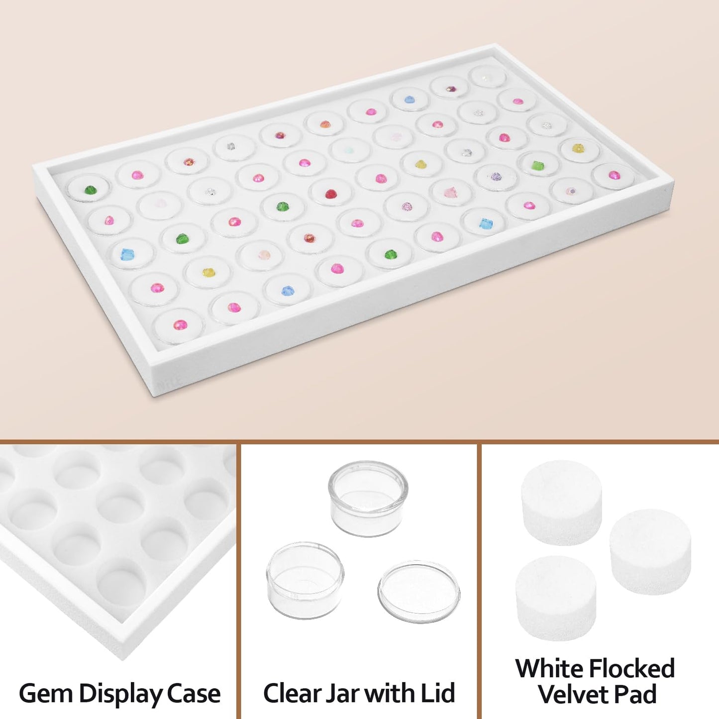 Ikee Design 50 White Foam Gem and Bead Storage Jars Showcase Stackable Display Tray Storage Box for Collectibles, Home Organization, 14.75 W x 8.25 D x 1 H in