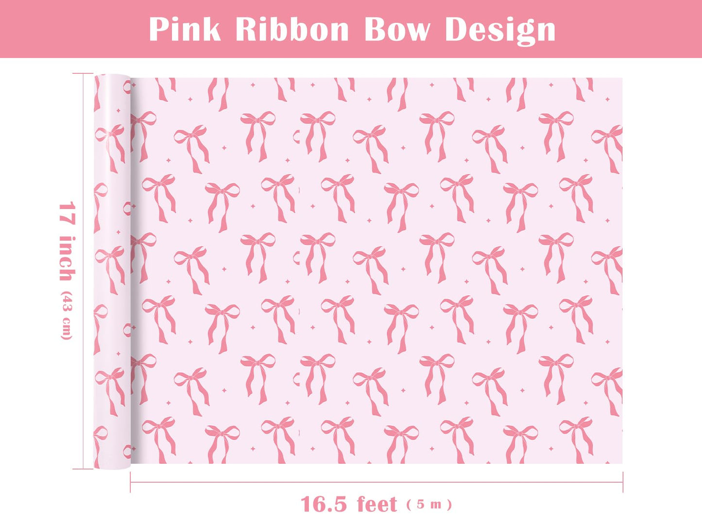 Pink Bow Wrapping Paper Roll - Mini Roll - 17 Inch x 16.5 Feet - Pink Ribbon Bow Design Perfect for Valentine's Day, Girls Birthday, Bachelorette Party, Baby Shower
