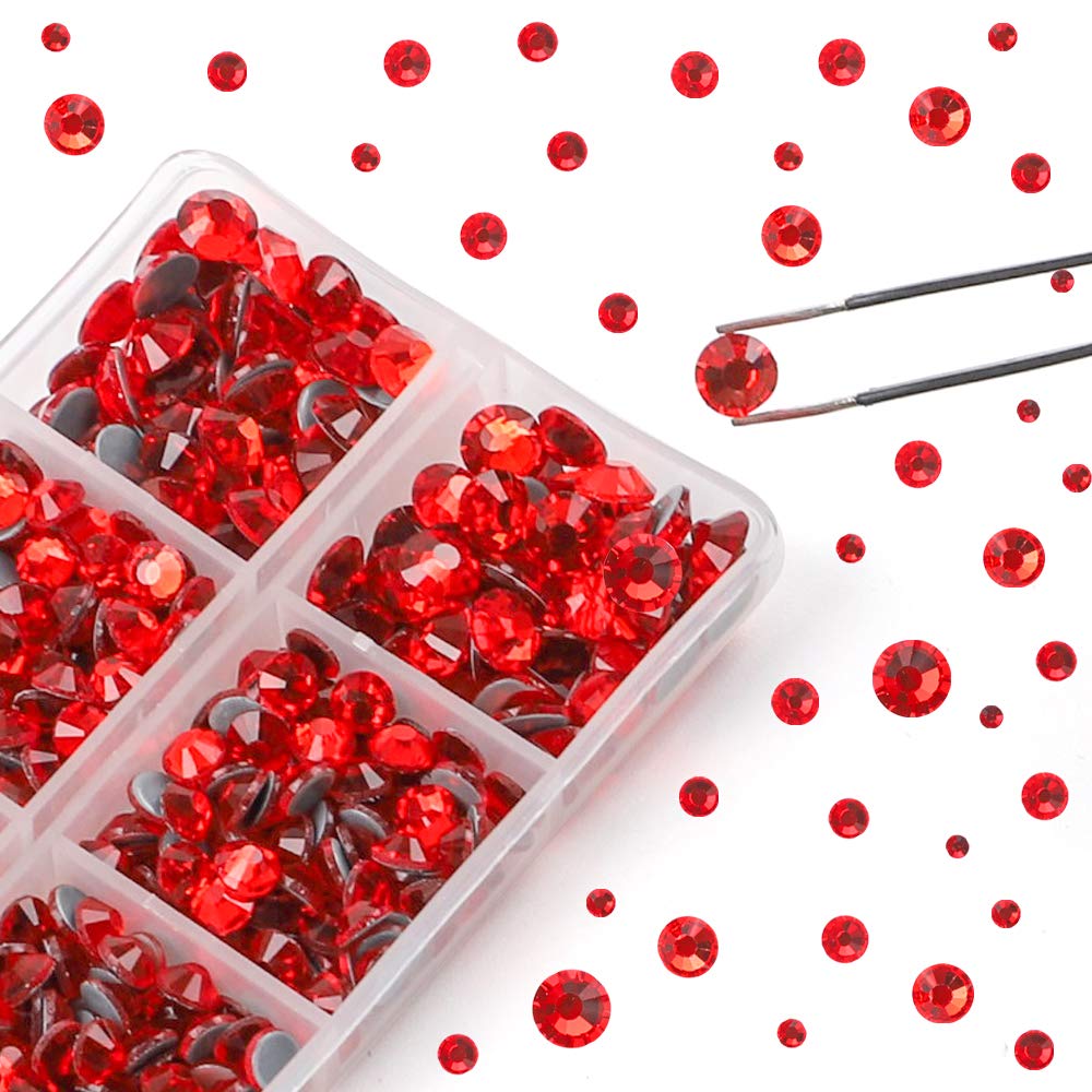 OUTUXED 5040pcs Red Flatback Rhinestones for Crafting, Crystal Round Gems for Nail Art DIY Crafts Clothes Bags, 6 Mixed Size Hotfix Rhinestones with Tweezers and Picking Rhinestones Pen